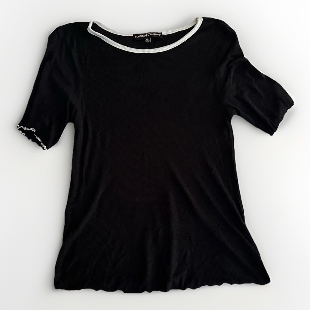 Almost Famous Striped Stretch Lettuce Hem Top Large 90s Y2k Preppy Black Retro